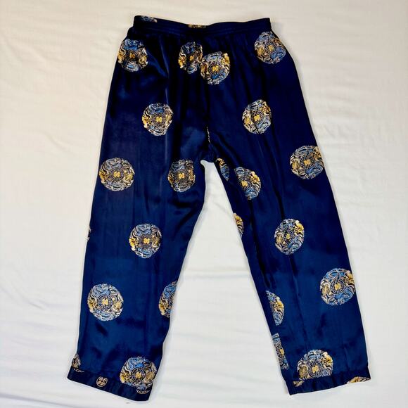 Silk Wide Leg Pants Women's XL Navy Gold Dragon Luxury Loungewear Chinoiserie - Picture 4 of 15